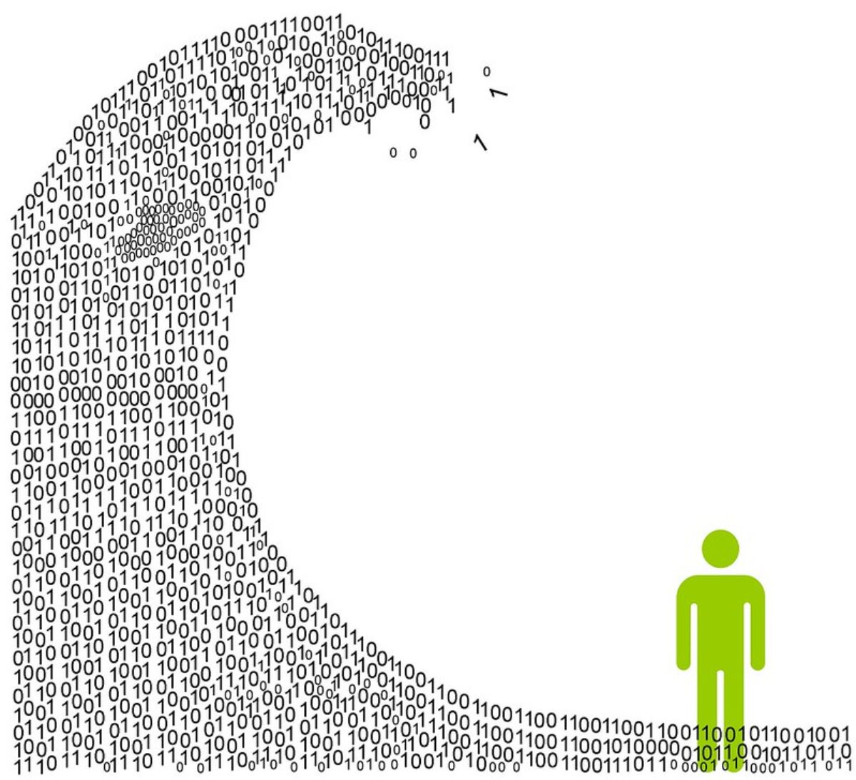 A man stands under a giant wave, made up of ones and noughts