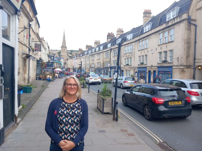 Helen speaking with local businesses on Widcombe highstreet
